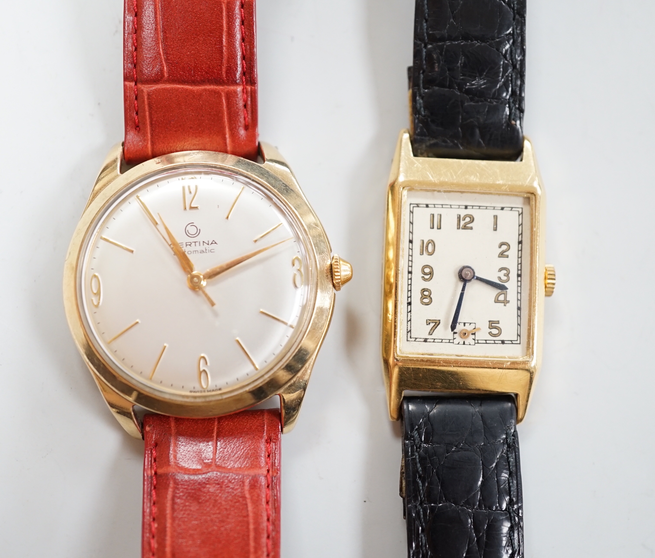 A gentleman's French yellow metal (18ct poincon mark) rectangular manual wind wrist watch, on a leather strap, together with a gentleman's 9ct gold Certina automatic wrist watch.